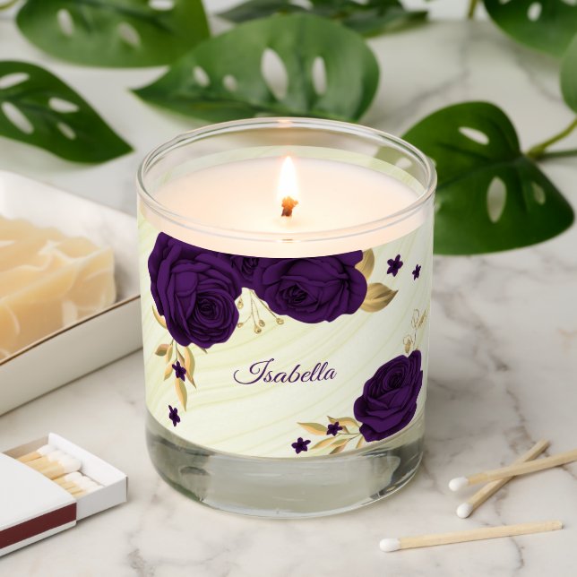 royal purple gold floral marble wedding scented candle (Lit)