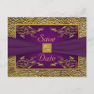 Royal Purple, Gold Floral Save the Date Postcard