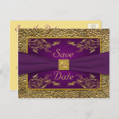 Royal Purple, Gold Floral Save the Date Postcard (Front/Back)
