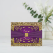Royal Purple, Gold Floral Save the Date Postcard (Standing Front)