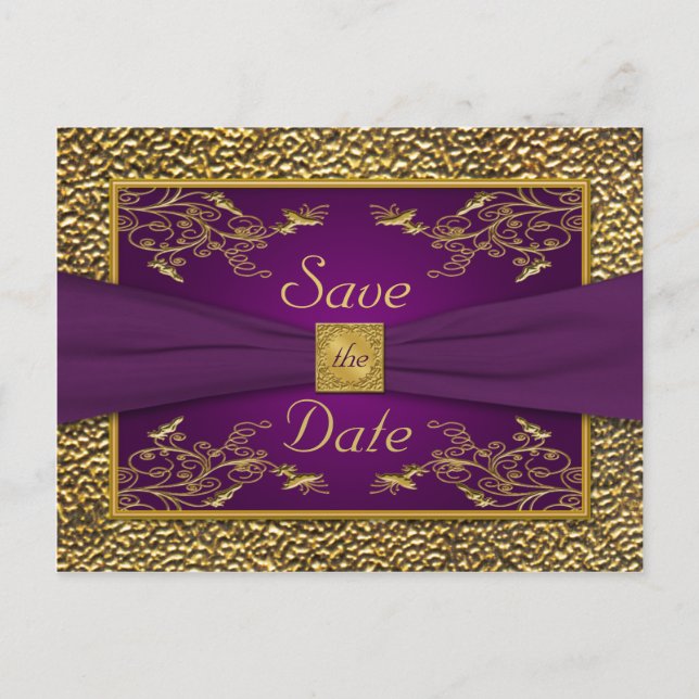 Royal Purple, Gold Floral Save the Date Postcard (Front)
