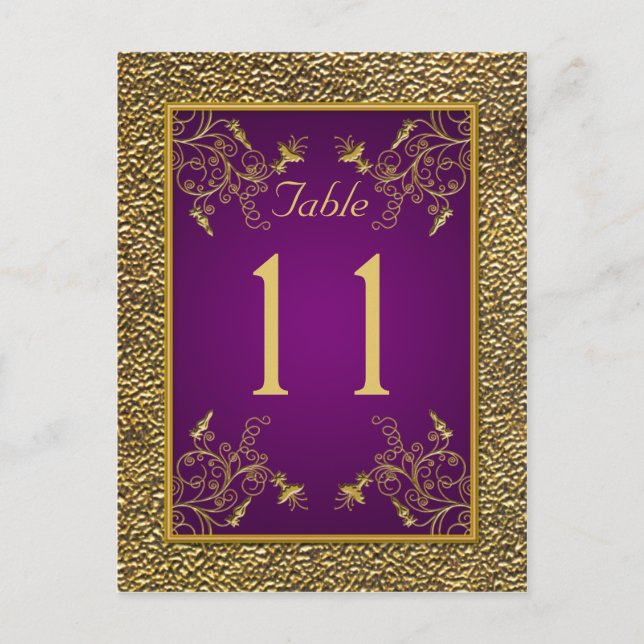 Royal Purple, Gold Floral Table Number Post Card (Front)