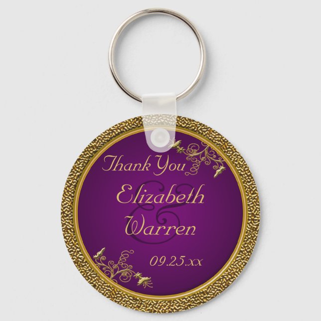 Royal Purple, Gold Floral Wedding Favor Keychain (Front)