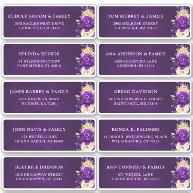 Royal Purple Gold Floral Wedding Guest Address  Sticker (Front)
