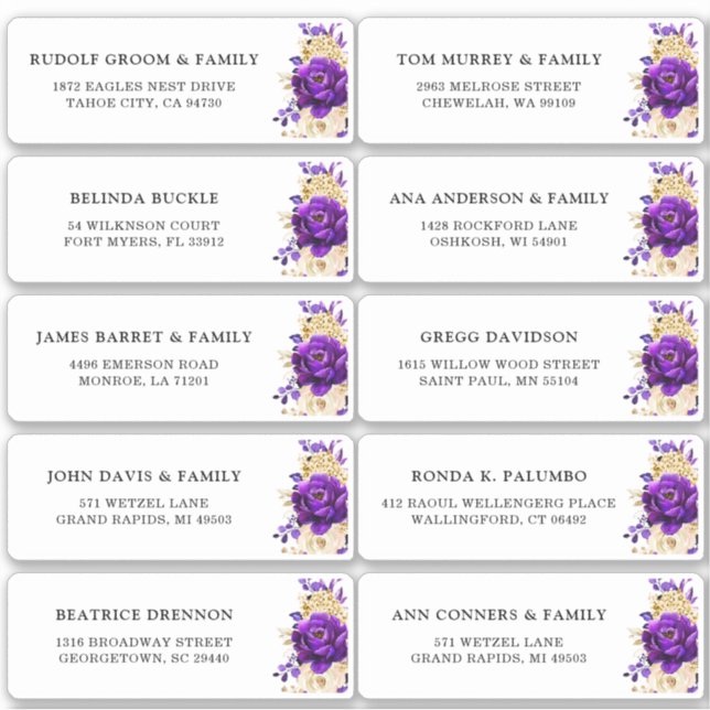 Royal Purple Gold Floral Wedding Guest Address  Sticker (Front)