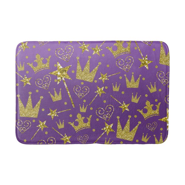 Royal Purple & Gold Glitter Girls Princess Bath Mat (Front)