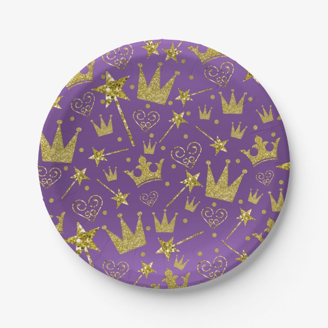 Royal Purple & Gold Glitter Girls Princess Party Paper Plates (Front)