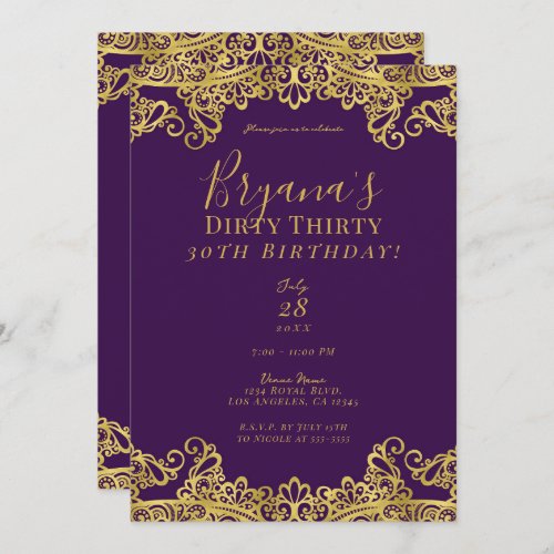 Royal Purple  Gold Lace Dirty 30 30th Birthday   Invitation