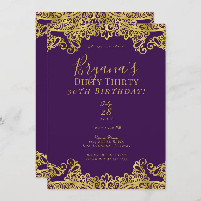 Royal Purple & Gold Lace Dirty 30 30th Birthday Invitation | Zazzle