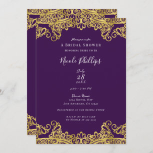 Royal Purple & Gold Lace Elegant Bridal Shower     Invitation
