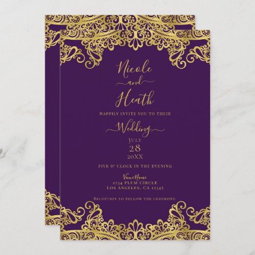 Royal Purple  Gold Lace Elegant Wedding    Invitation