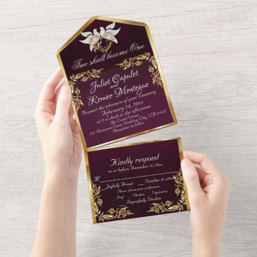 Royal Purple Gold Leaves Doves  Heart All In One Invitation