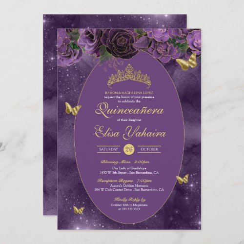 Royal Purple Gold Luxury Butterfly Quinceanera Invitation