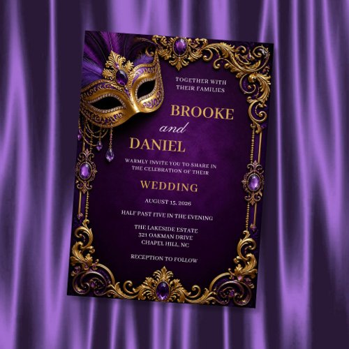 Royal Purple & Gold Masquerade Wedding Invitation