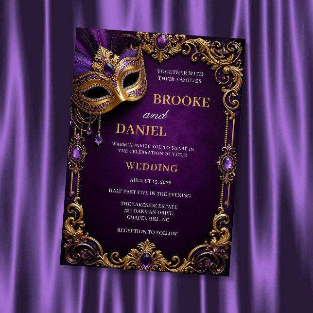Royal Purple & Gold Masquerade Wedding Invitation (Creator Uploaded)