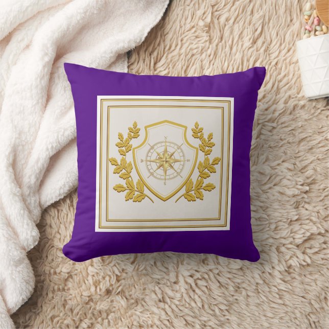  Royal Purple & Gold Nautical Compass Shield Crest Throw Pillow (Blanket)