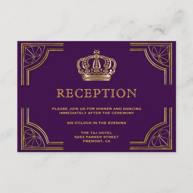 Royal Purple Gold Ornate Crown Reception Enclosure Card (Front)