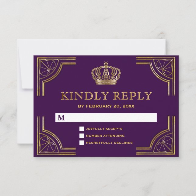 Royal Purple Gold Ornate Crown RSVP Card (Front)
