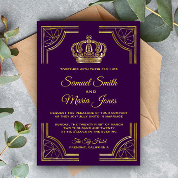 Royal Purple Gold Ornate Crown Wedding Invitation by ShabzDesigns at Zazzle