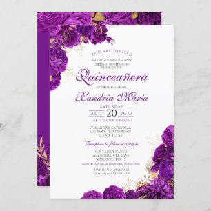Royal Purple Gold Rose Floral Elegant Quinceanera Invitation