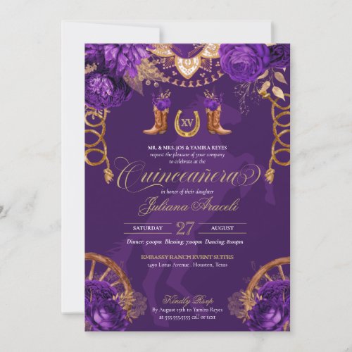 Royal Purple Gold Roses Elegant Charro Quinceanera Invitation