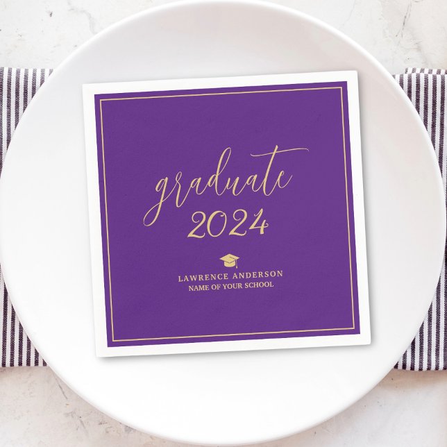 Royal Purple Gold Script Graduate 2024 Graduation Napkins (Creator Uploaded)