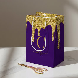 Royal Purple Gold Sparkle Glitter Drips Monogram Medium Gift Bag