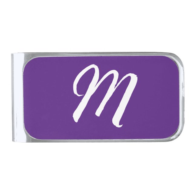 Royal Purple Initial Letter Monogram Modern Style Silver Finish Money Clip (Front)