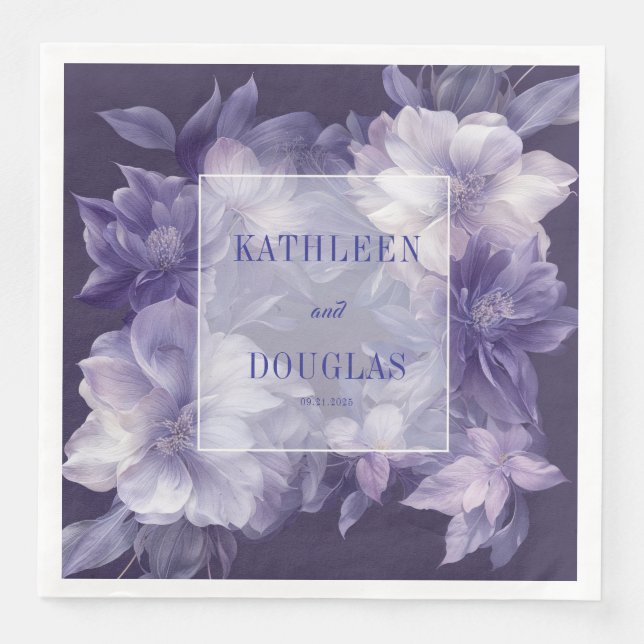 Royal Purple Lavender White Floral Wedding Paper Dinner Napkins (Front)