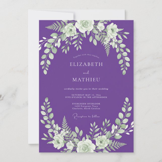 Royal Purple Leafy Wedding Invitation (Front)