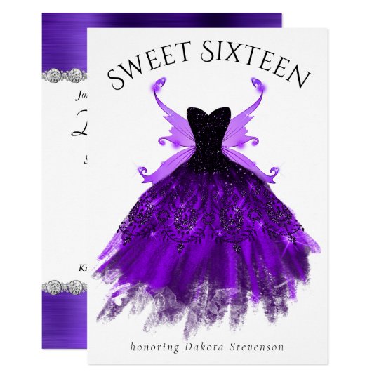 Royal Purple Luxe Gown And Fairy Wings Sweet 16 Invitation