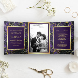 Royal Purple Marble Faux Gold Foil Photo Wedding Tri-Fold Invitation