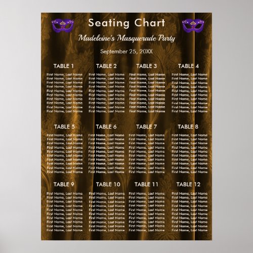 Royal Purple Masquerade Gold Damask 12 Tables Poster