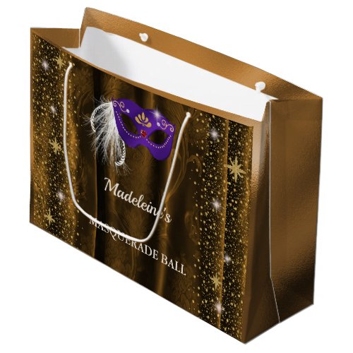 Royal Purple Masquerade Gold Damask Glitter Large Gift Bag
