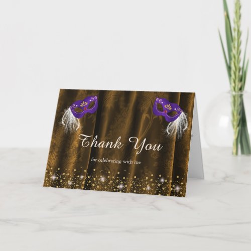 Royal Purple Masquerade Gold Damask Photo Inside Thank You Card