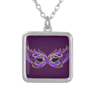 Royal purple masquerade mask silver plated necklace