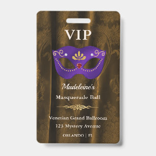 Royal Purple Masquerade VIP Pass Bronze Damask Badge