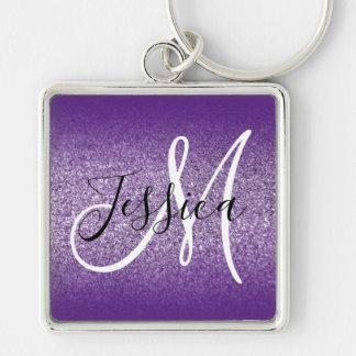 Royal Purple Ombre Edge Amethyst Glitter Monogram Keychain
