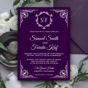 Royal Purple Ornate Monogram Wedding Invitation