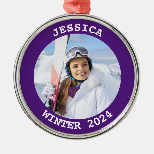 Royal Purple Personalized Round Family Photo Metal Ornament (Front)