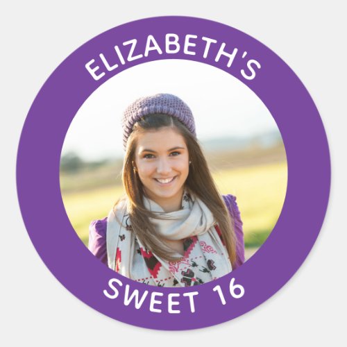 Royal Purple Photo Sweet 16 Birthday Favor Classic Round Sticker