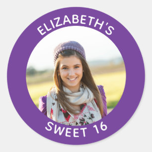 Royal Purple Photo Sweet 16 Birthday Favor Classic Round Sticker
