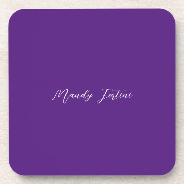 Royal Purple Plain Elegant Minimalist Calligraphy Beverage Coaster (Front)