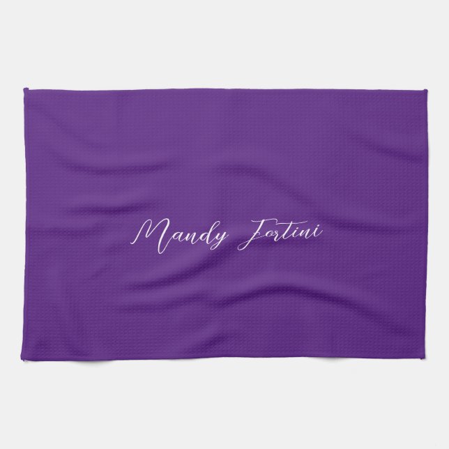 Royal Purple Plain Elegant Minimalist Calligraphy Kitchen Towel (Horizontal)