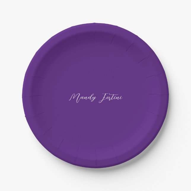 Royal Purple Plain Elegant Minimalist Calligraphy Paper Plates (Front)