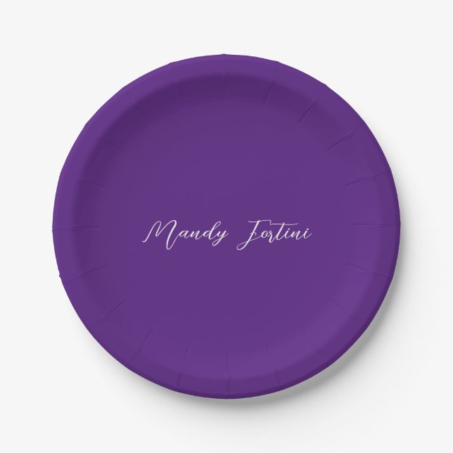 Royal Purple Plain Elegant Minimalist Calligraphy Paper Plates (Front)