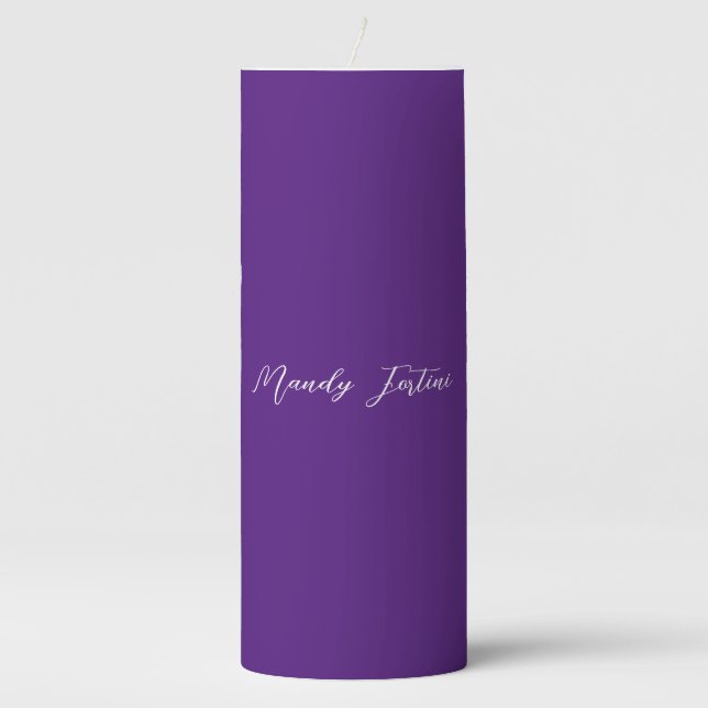 Royal Purple Plain Elegant Minimalist Calligraphy Pillar Candle (Front)