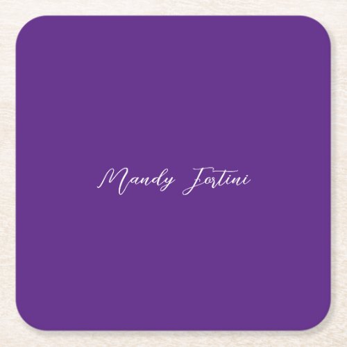 Royal Purple Plain Elegant Minimalist Calligraphy Square Paper Coaster