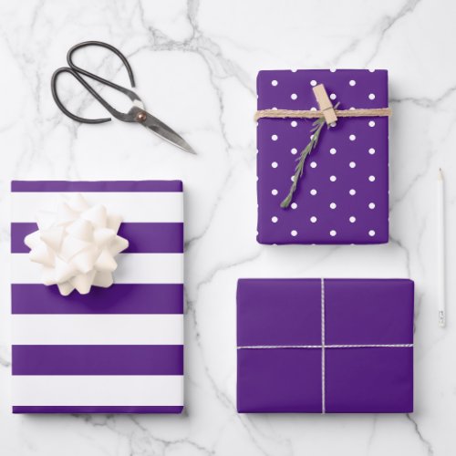 Royal Purple Polka Dot Wide Striped and Solid Wrapping Paper Sheets