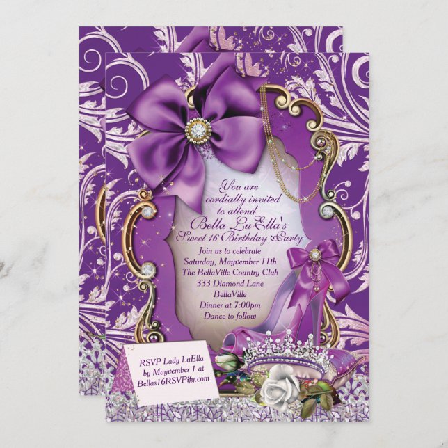 Royal Purple Princess Sweet 16 Invitation (Front/Back)
